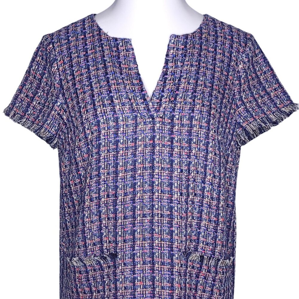 Ann Taylor Womens Tweed Short Sleeve Shift Dress 10 Fringe Hem Knee Length